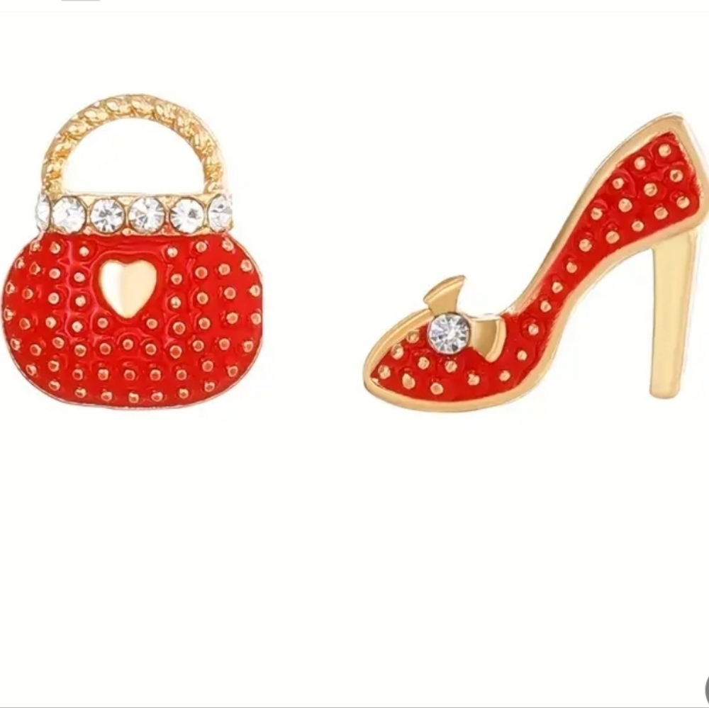 Purse And Heels Red 14K Plated Shiny Alloy Rhinestone Earrings